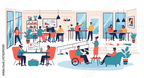 Diverse group people working and collaborating in modern, bright office space with various workstations, meeting areas, and lounge zones, illustrating teamwork and productivity