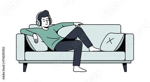 Person wearing headphones and relaxing on sofa, enjoying music or podcast