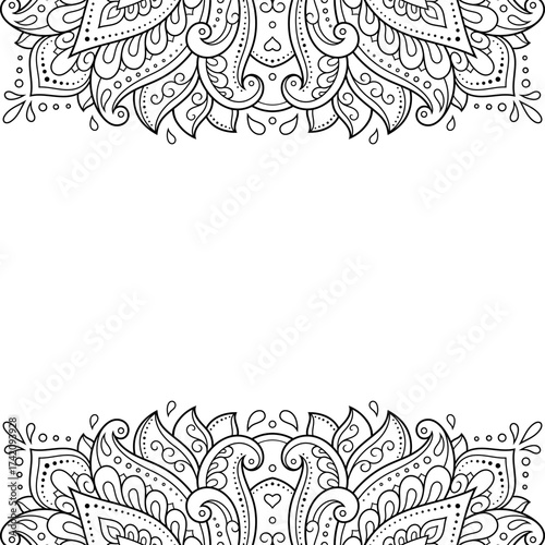 Frame in eastern tradition. Stylized with henna tattoos decorative pattern for decorating covers for book, notebook, casket, magazine, postcard and folder. Flower border in mehndi style.