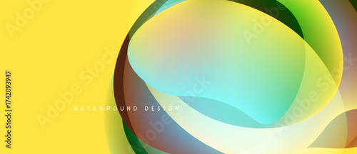 Abstract yellow background features layered flowing shapes. Gradient colors blend, creating dynamic visual effect. Modern design element.