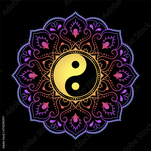 Color Circular pattern in form of mandala with ancient hand drawn symbol Yin-yang for decoration. Decorative ornament in oriental style. Rainbow design on black background.