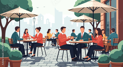 People enjoying coffee and conversation at outdoor cafe tables with umbrellas and trees, urban setting