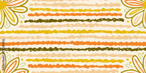 Retro floral pattern with wavy stripes in warm autumn colors and a cream background