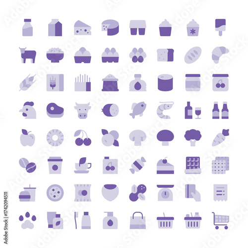 Grocery store flat icons. Colorful supermarket food icons.
