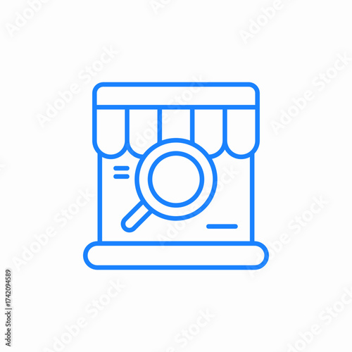 store with awning and magnifying glass icon sign vector