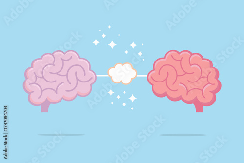 Two cartoon brains connected by a thought cloud and sparkling stars symbolizing communication and ideas