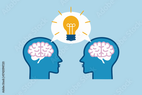 Two heads with brains thinking together and sharing a bright idea light bulb concept
