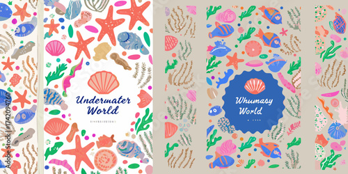 Whimsical underwater world illustration with colorful marine life and seashells