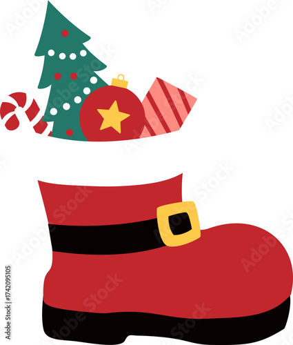 Santa's boots filled with gifts and a Christmas tree flat vector illustration isolated.
Transparent background.