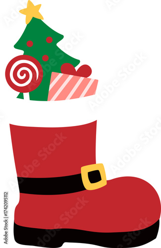 Santa's boots filled with gifts and a Christmas tree flat vector illustration isolated.
Transparent background.