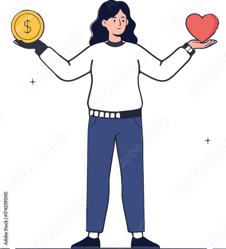 Person balancing money and heart showing life choices and priorities concept
