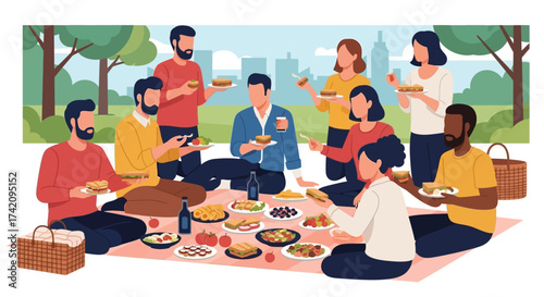 Group friends enjoying picnic in park with city skyline in the, sharing food and drinks on blanket