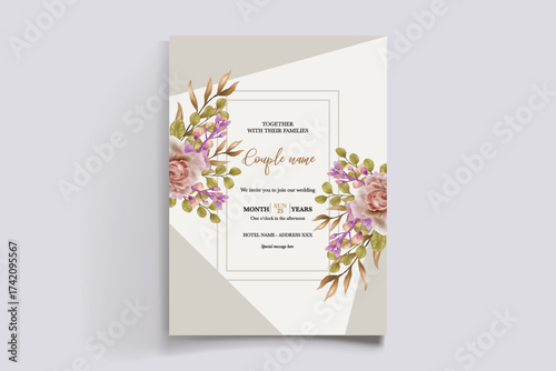 WEDDING INVITATION FRAME WITH FLOWER DECORATIONS AND FRESH LEAVES