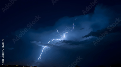 A dramatic lightning strike illuminating dark storm clouds at night