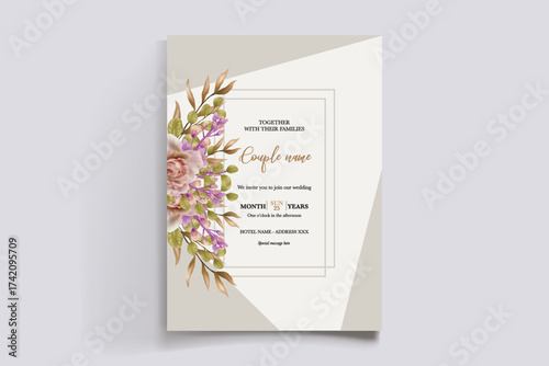 WEDDING INVITATION FRAME WITH FLOWER DECORATIONS AND FRESH LEAVES