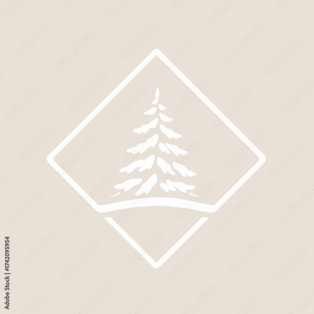 Naklejka premium Simple graphic of a pine tree inside a diamond shape, presented in a minimalist, neutral color palette.