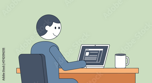Person is working on laptop at desk, focused and productive, with mug coffee nearby, symbolizing remote work and concentration