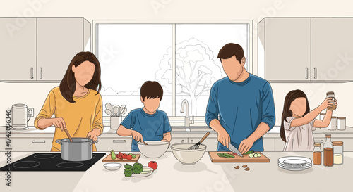 Family is happily cooking together in modern kitchen, preparing healthy meal with fresh ingredients, promoting family bonding and healthy eating