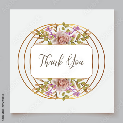 WEDDING INVITATION FRAME WITH FLOWER DECORATIONS AND FRESH LEAVES