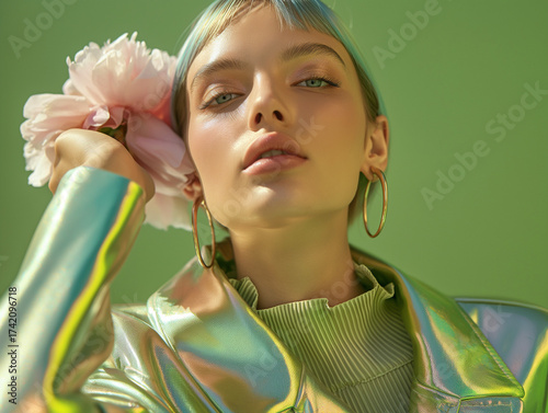 Stylish woman with mint-colored hair and large hoops holds a pale pink flower, wearing iridescent outerwear. Contemporary glam meets botanical styling.