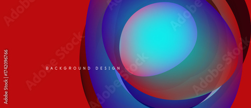 Abstract design features vibrant concentric circles. Red background contrasts with blue, purple hues. Modern, dynamic visual composition.