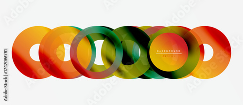 Colorful overlapping semicircles create dynamic abstract design. Gradient shades blend smoothly, forming modern visual element.
