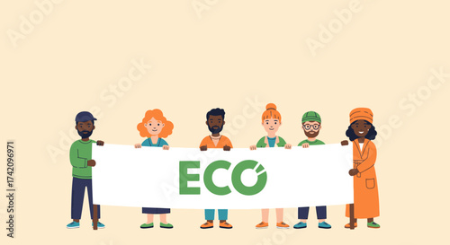 Diverse group people holding banner with the word eco, symbolizing environmental awareness and collective action for greener future