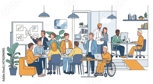 Diverse group people collaborating in modern office meeting room, discussing ideas around table with whiteboard