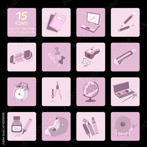 Collection of 15 hand drawn school and office supply icons in pastel colors