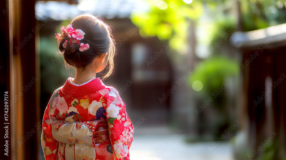 Fototapeta premium Back of Beautiful japanese little girl walking in the garden, wearing japanese traditional kimono costumes in Kyoto autumn, Concept of cultures
