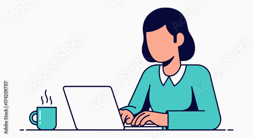 Woman working on laptop with cup coffee on the desk, flat design