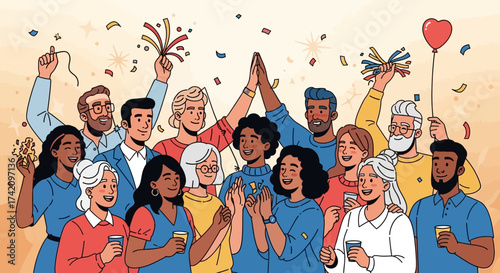 Diverse group people celebrating, cheering and clapping with confetti and balloons, joyful moment success and togetherness