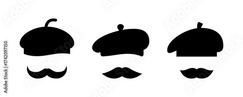 Berets with moustaches. Set of three. French style icon. Vintage classic design elements. French style, humor, fashion and cultural identity. Costume design concept. Hipster dandy. Vector illustration