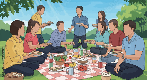 Diverse group friends and family enjoying sunny day picnic in park, sharing food and conversation on checkered blanket