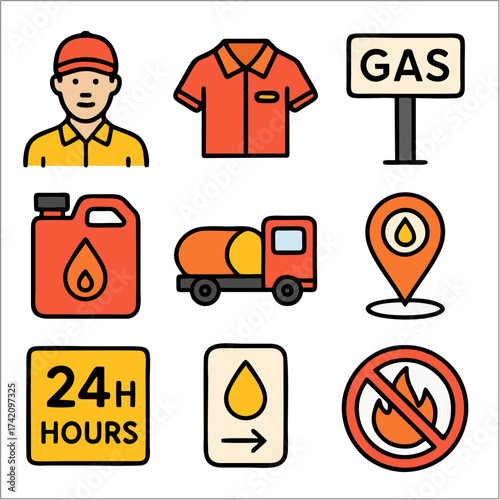 Flat Gas Station Icon Set, Minimalist Fuel Service Vector Collection 