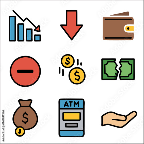 Flat Financial Crisis Icon Set, Economic Downturn & Budget Loss Vector Collection