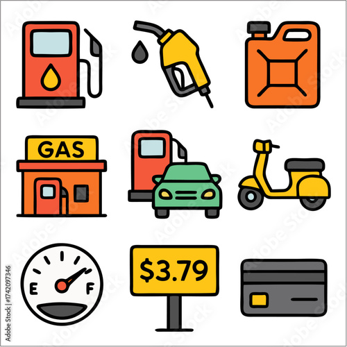 Flat Gas Station Icon Set, Minimalist Fuel Service Vector Collection 