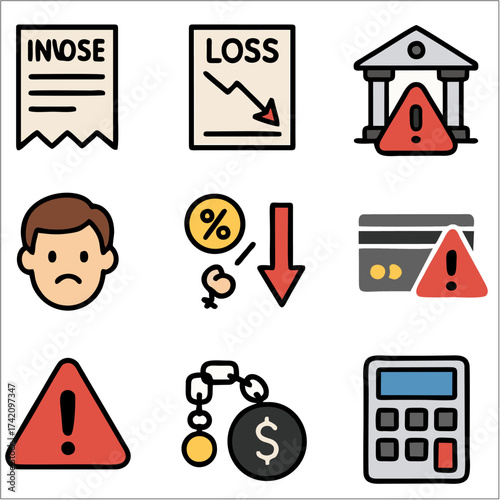 Flat Financial Crisis Icon Set, Economic Downturn & Budget Loss Vector Collection