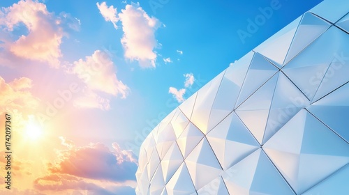 Modern Stadium Architecture Modern stadium facade with geometric patterns and glass panels, sunlight reflecting off the surface, highlighting the contemporary design
