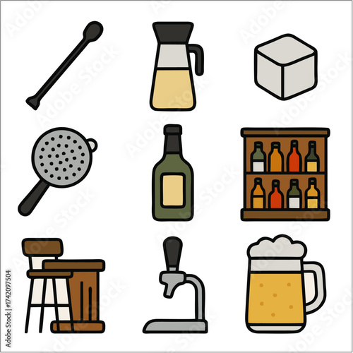 Flat Bartender Icon Set, Minimalist Cocktail & Mixology Vector Collection