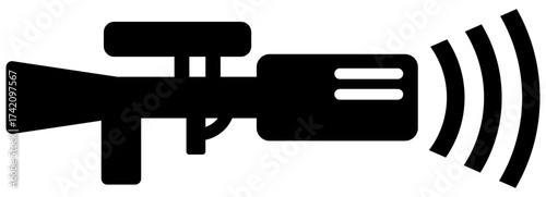 Drohnenabwehr-Jammer-Icon: Schwarzes, stilisiertes Piktogramm eines Geräts zur Drohnenstörung oder -bekämpfung, das Funkwellen abstrahlt. Symbolisiert Technologie gegen UAVs.