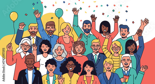 Large, diverse group happy people celebrating, waving hands and throwing confetti, representing unity, success, and joy