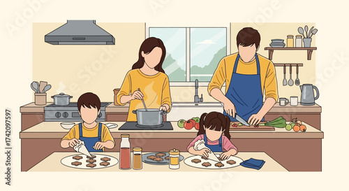 Happy family four, parents and two children, are cooking and baking together in bright, modern kitchen, enjoying quality time and creating delicious treats