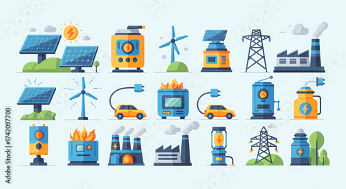 Modern flat design icons showcasing renewable energy sources and power generation, highlighting solar panels, wind turbines, and electric vehicles for eco-friendly solutions