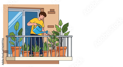 Man watering plant on balcony,