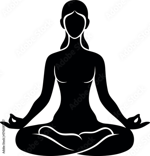 Serene Yoga Silhouette: A minimalist silhouette of a woman in lotus position, embodying tranquility, balance, and the serenity of yoga practice.