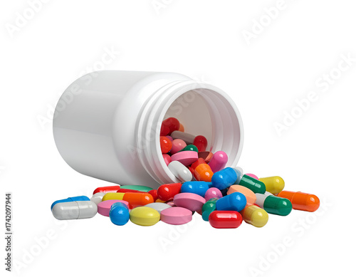White Plastic Pill Bottle Tipped Over with Colorful Pills Spilled - Stock Photo