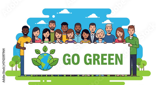 Diverse group people holding banner that says go green with globe and leaves, promoting environmental awareness and sustainability