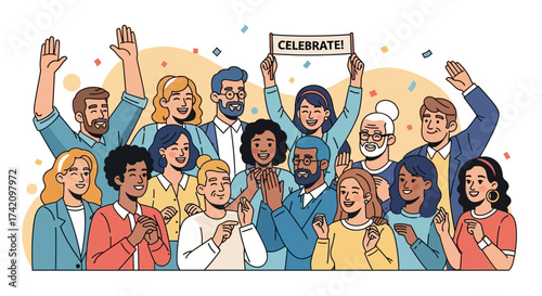 Excited diverse group people celebrating, clapping and cheering with confetti, holding sign that says celebrate