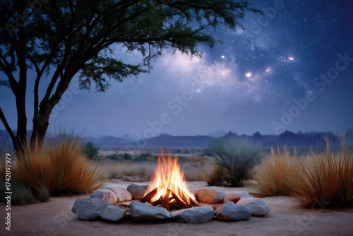 Campfire under a desert starry night sky